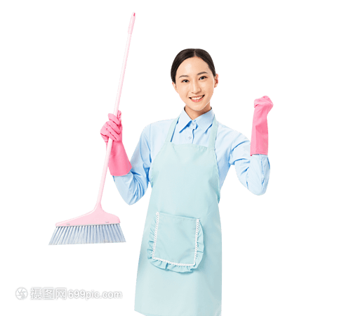 家政服務 女性掃地時的專業手勢與加油精神